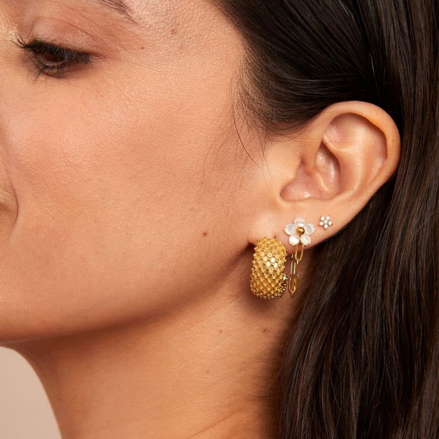 Joyas Bohoo Accesorios Mini Y Studs | Aretes Nacar Flower Dorado