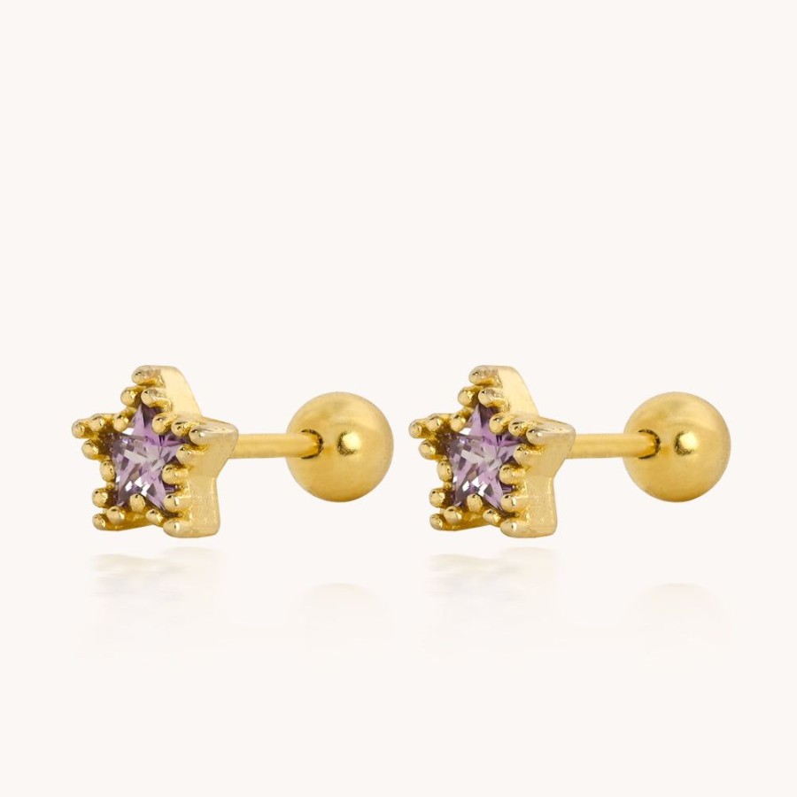 Joyas Bohoo Accesorios Mini Y Studs | Arete Purple Star Dorado