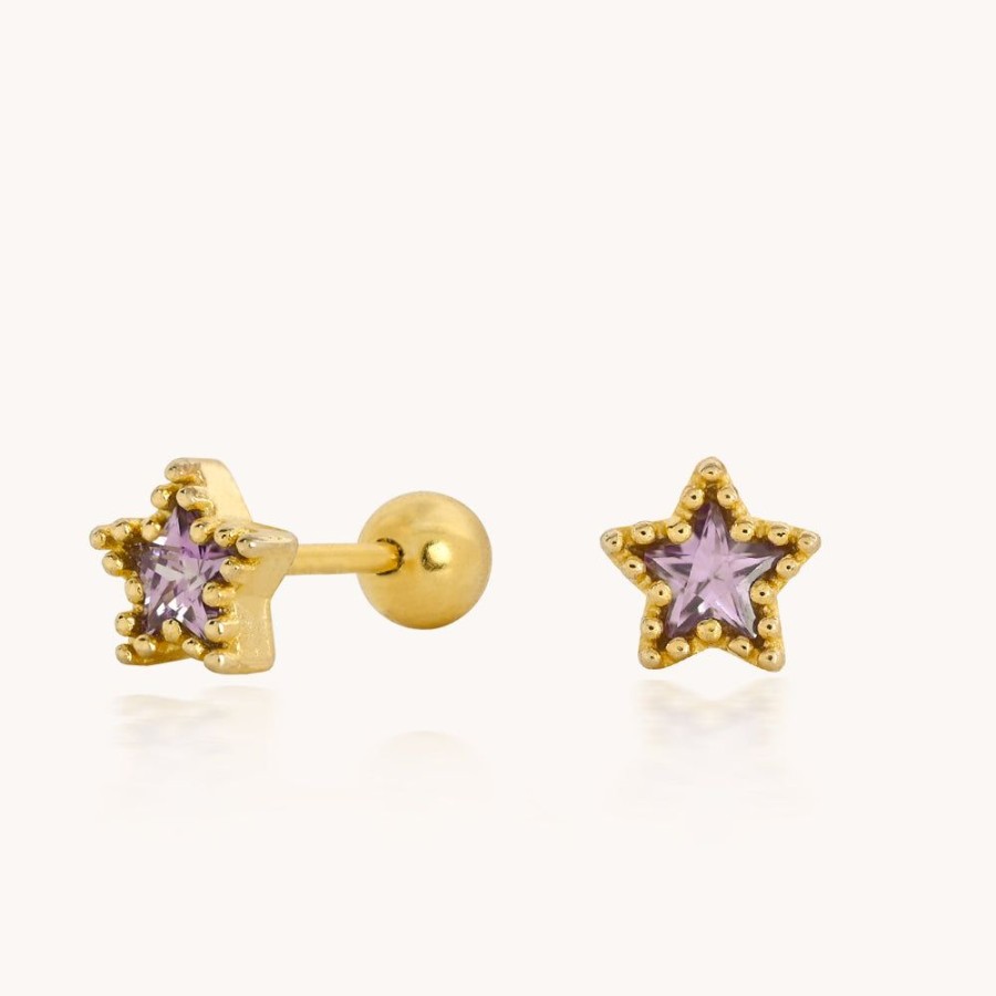 Joyas Bohoo Accesorios Mini Y Studs | Arete Purple Star Dorado